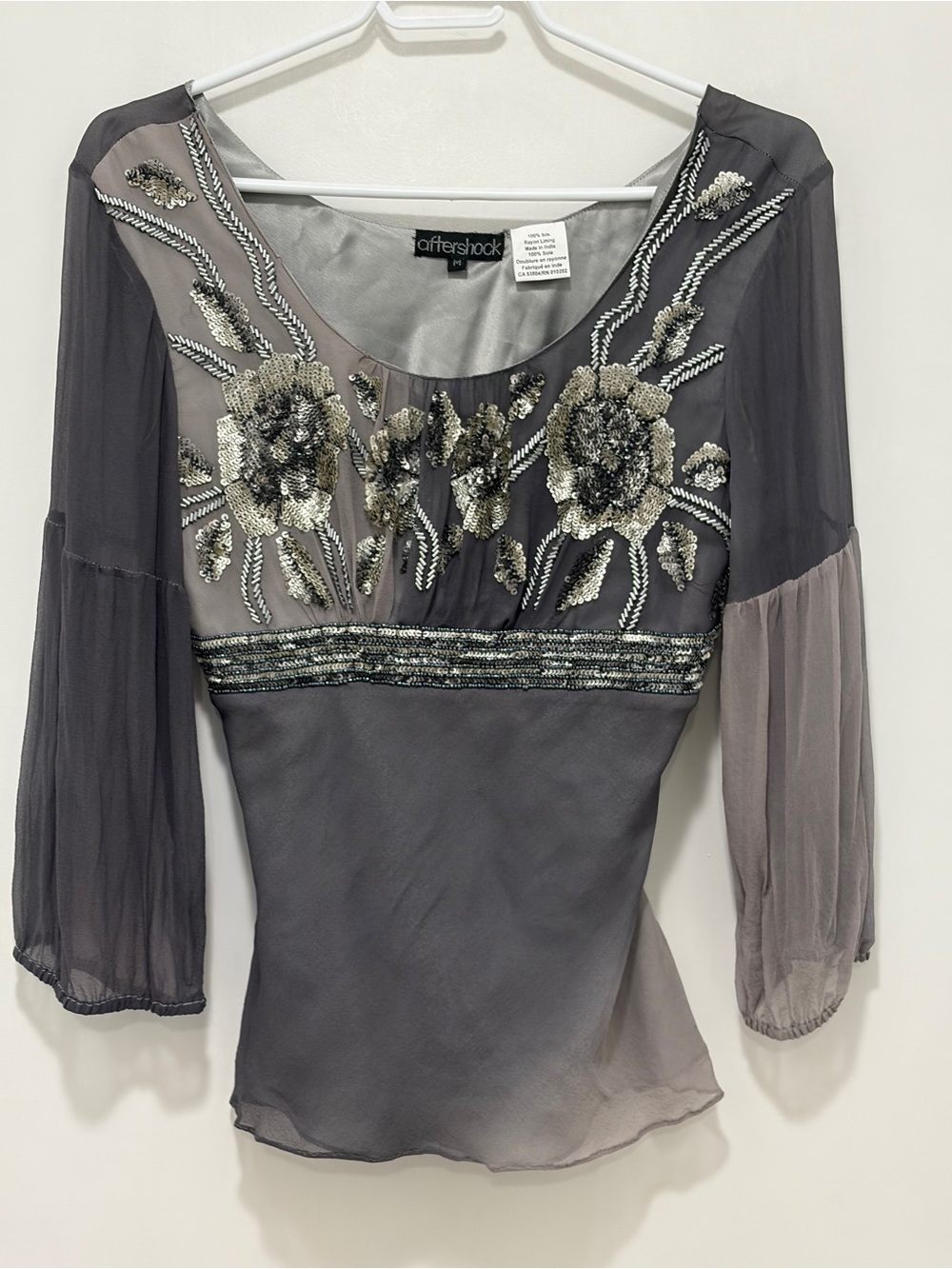 Vintage Aftershock Grey Beaded 100% Silk Scoop top. Size M